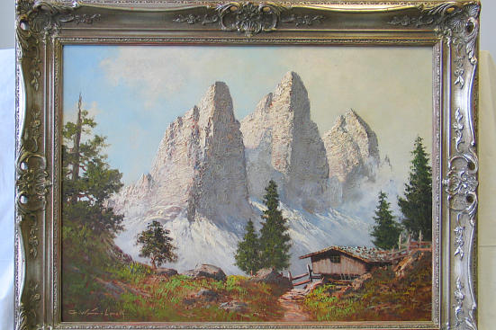 "Dolomiten", Gustav Weiss-Loreth (1913), deutscher Landschaftsmaler: Gemälde nach Rissverklebung und Restaurierung.