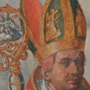 "Heiliger Ulrich", bemalte Rückseite des Ulrich-Altares, Malerei auf Holzträger, Basilika St. Ulrich und Afra, Augsburg.